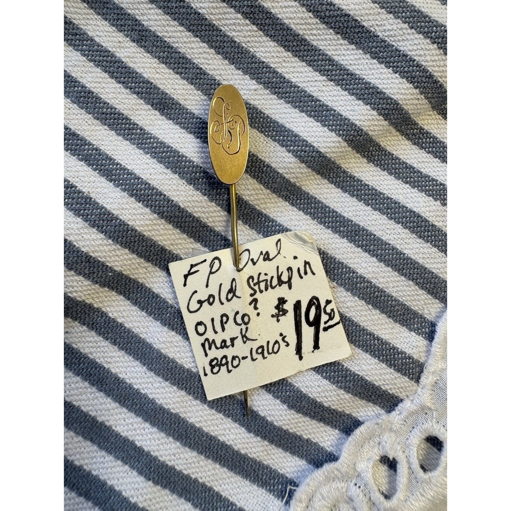 Victorian 10k Gold Gold tone Stick Pin with an engraved‎ initial FP OIP Co